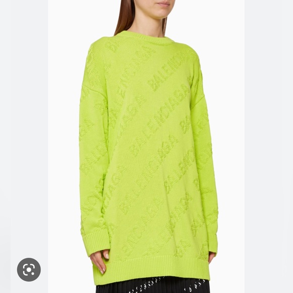 BALENCIAGA Oversized Neon Tonal Logo Jacquard Crewneck Sweater Jumper Sz Small - Picture 6 of 9